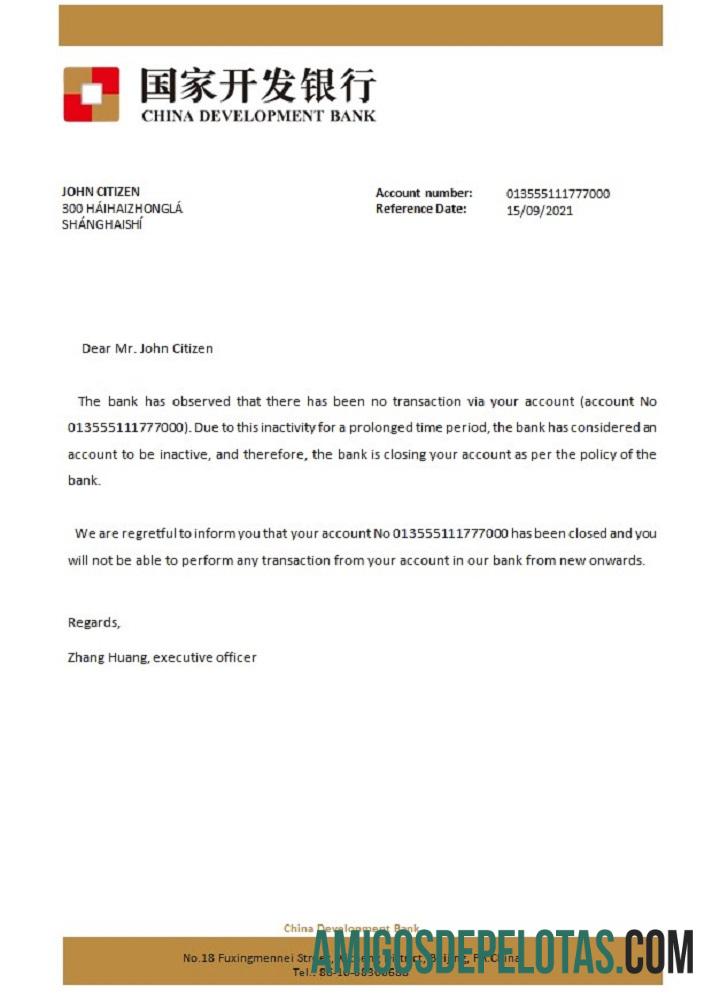 Referência de encerramento do Banco de Desenvolvimento da China exemplo real